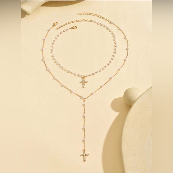 2 pc set handmade faux pearl/glass rhinestone cross pendant necklaces - Picture 3 of 5